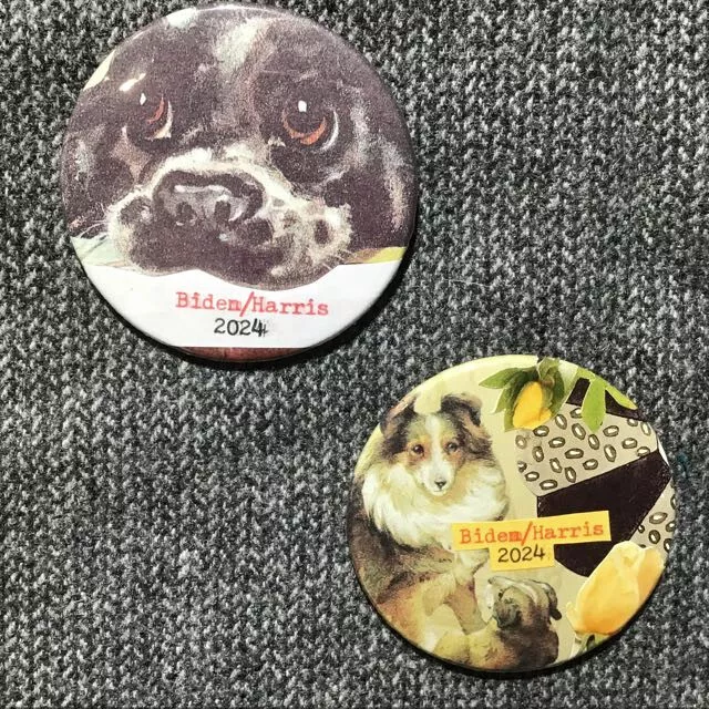 2 One of a Kind Vote Button 2024 Cat in Hat Biden Harris Art Collage Dog Collie