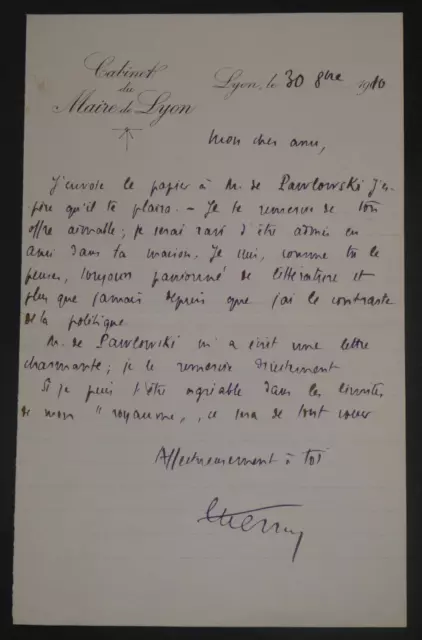 Édouard HERRIOT, Homme d'Etat - LETTRE AUTOGRAPHE SIGNÉE 1910 LYON