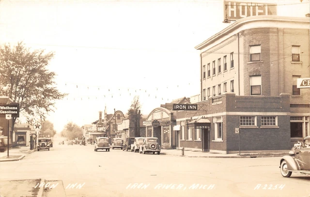 Iron River Michigan~Iron Inn Hotel~Wadhams Gasolines~Marion Davies~1940s RPPC