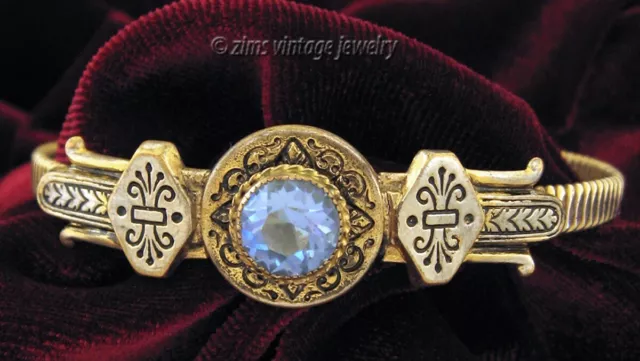 Antique ART DECO Victorian revival Blue crystal Gold tone flex Bangle BRACELET