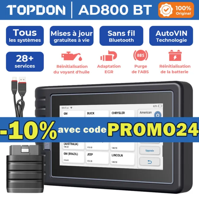 TOPDON AD800 BT Scanner de Diagnostic de Voiture Tout le Système OBD2 Test actif