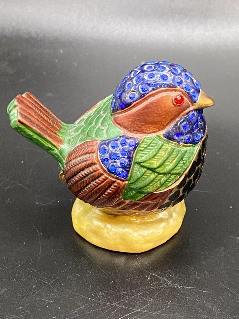 Vintage Royal Bejeweled Enameled Bird Trinket Box with Rhinestones. Magnet Lock