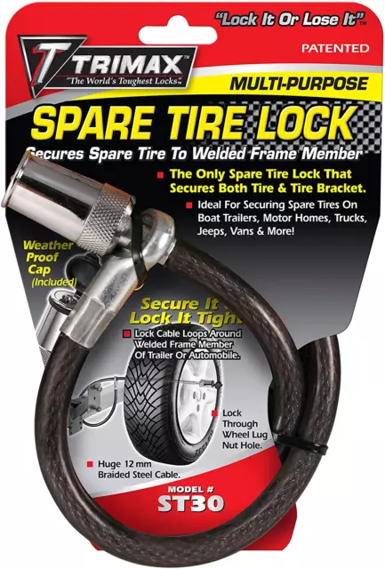 Trimax ST30 Trimaflex Spare Tire Cable Lock (Round Key) 36" X 12Mm Black/Chro...