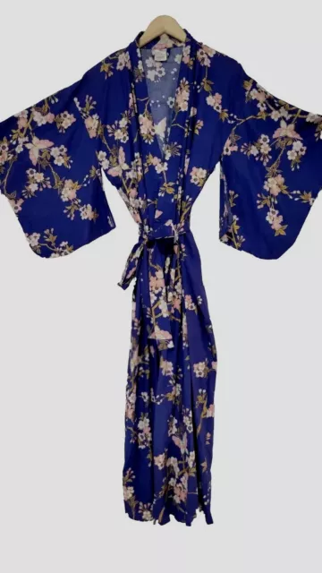 Japanese Yukata Cherry Blossom & Butterfly Kimono Robe 100% Cotton Medium Vintag