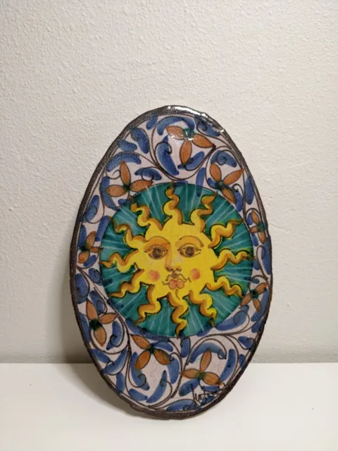 Artisinal Handcrafted Italian Terracotta Art Pottery Tile Sun Wall Plaque