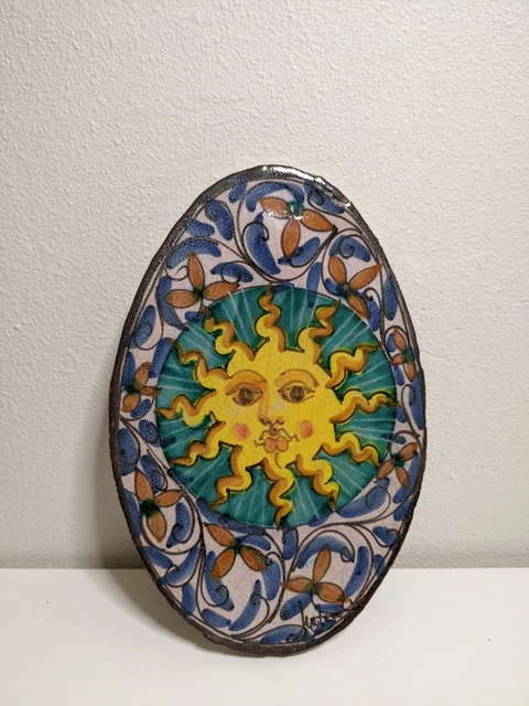 Artisinal Handcrafted Italian Terracotta Art Pottery Tile Sun Wall Plaque Artisinal Handcrafted Italian Terracotta Art Pottery Tile Sun Wall Plaque