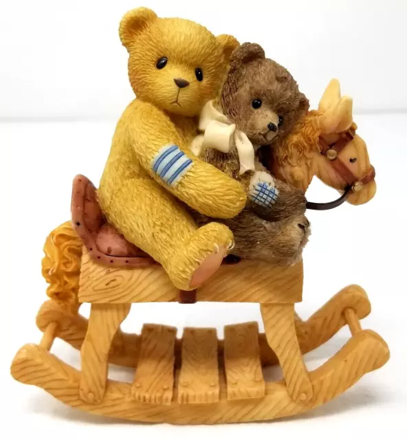 Teddy Bears Riding Rocking Horse Figurine Light Dark Bow Resin Vintage