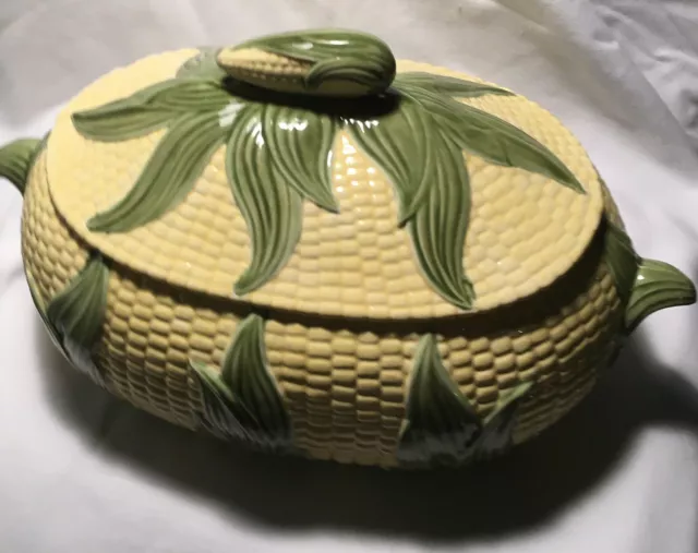Vintage Corn Design Tureen Cookie Jar Candy Dish Canister Bowl  w/Lid Majolica