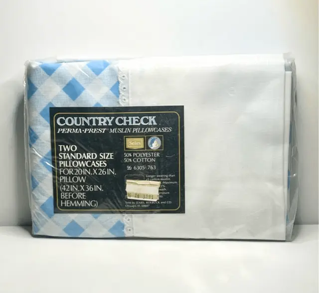 Estuches de almohada de colección Sears Country Check (2) azul gingham perma-prest muselina nuevo de lote antiguo