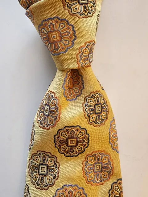 Massimo Bizzocchi Tie 100% Silk Rich Yellow Gold Blue Bronze Geometric Handmade