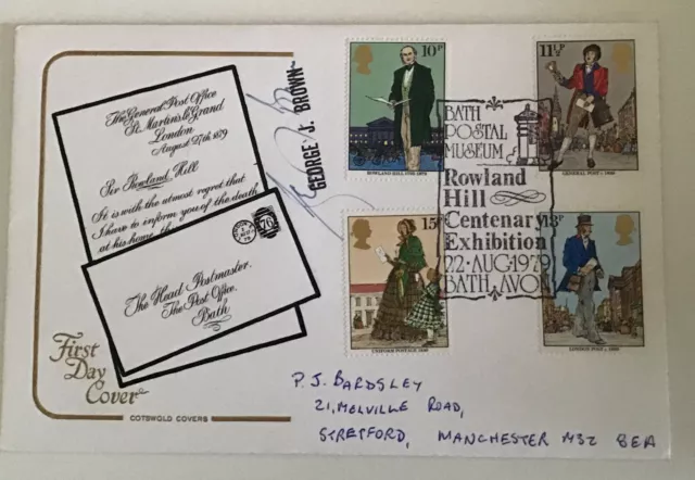 GB QEII 1979 Sir Rowland Hill Signed Cotswold FDC Bath Postal Museum Cat £40