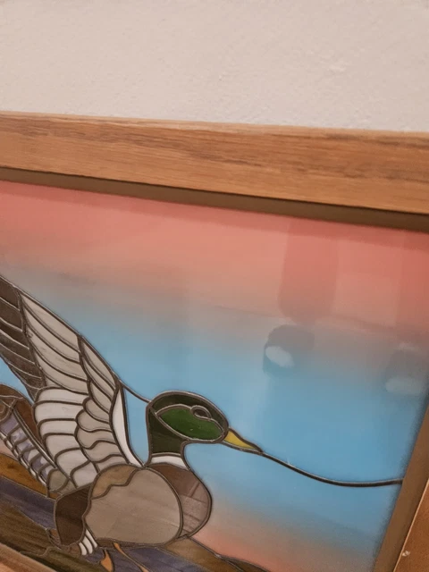 Vintage Stained Glass Panel Of "Mallard Duck Drake In Flight - Wood Framed