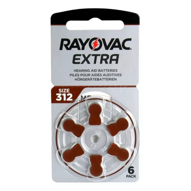 6 x Rayovac Extra Size 312 Hearing Aid Batteries Brown - Zinc Air  Hg0% PR41