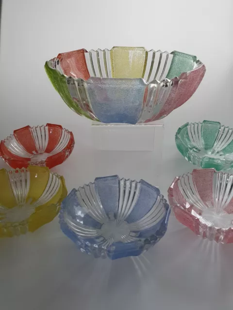 Vintage Retro Mid Century mehrfarbiges Glas Dessert Set Art Deco Schalen Regenbogen x 6