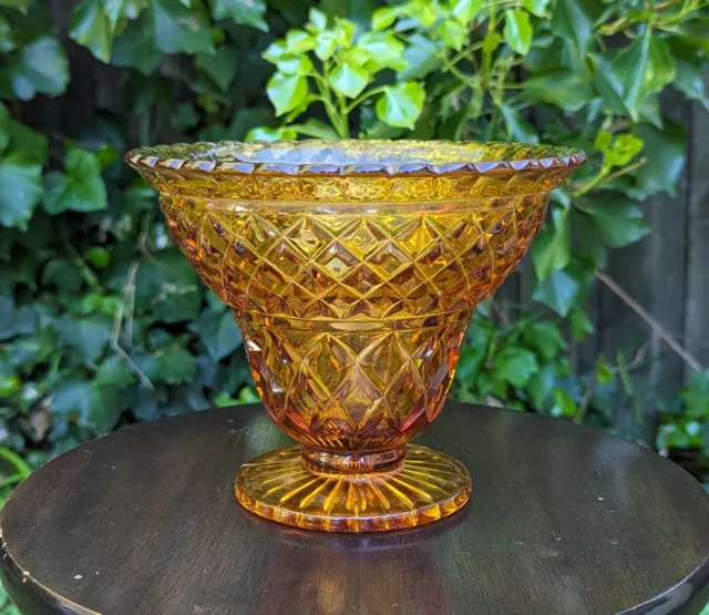Vintage Crown Amber Glass Crystal Cut Vase