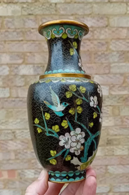 Vintage Chinese Cloisonné Vase Blue Bird In A Cherry Blossom Tree - Very Ornate