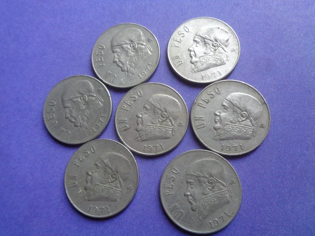 Lot of Seven 1971 UN PESO MEXICAN COINS
