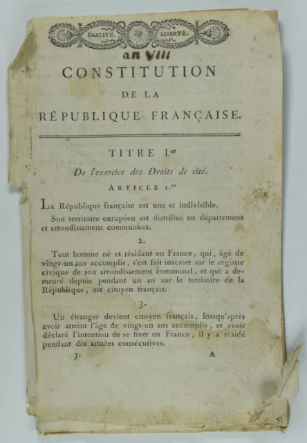 Constitution de la Republique Française [du 22 frimaire an VIII].Paris, An VIII