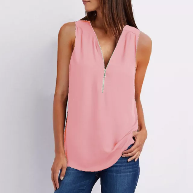 Womens V Neck Chiffon Vest Tops Ladies Casual Loose Zip Up Tank Blouse T Shirt 3