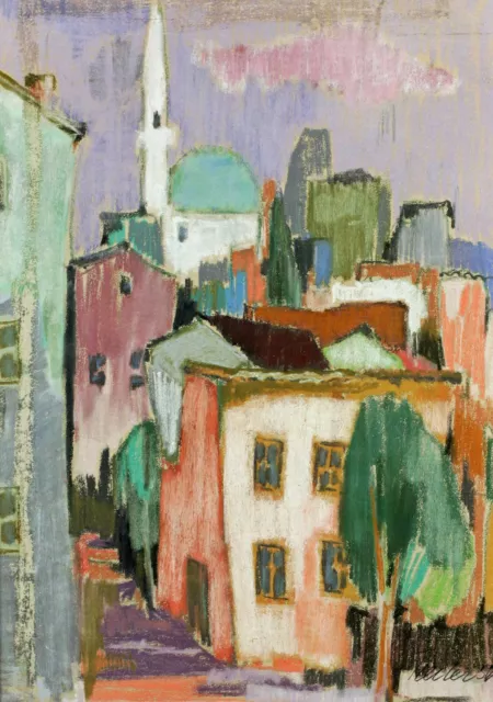 Ilegible Firmado Reiler Reiter Pastel Pintura 1956 Vista de la Ciudad