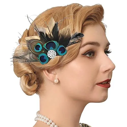 GENBREE 1920s Feather Headpiece Gatsby Hair Clip Crystal Peacock Feather Head...