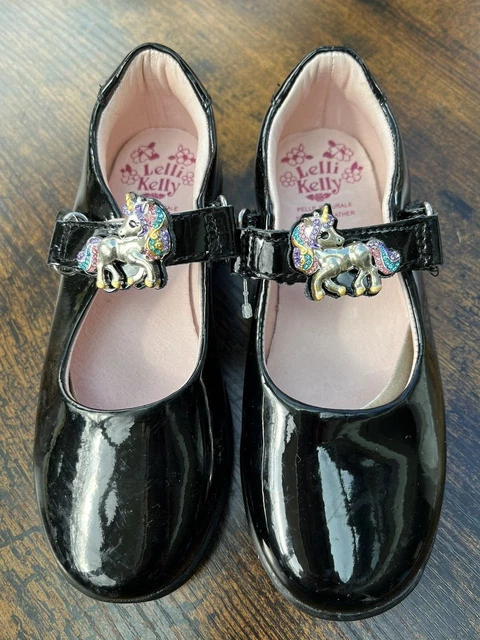 Lelli Kelly Black Patent 'Bella Unicorn' School Shoe - Size Eur 29F UK11F