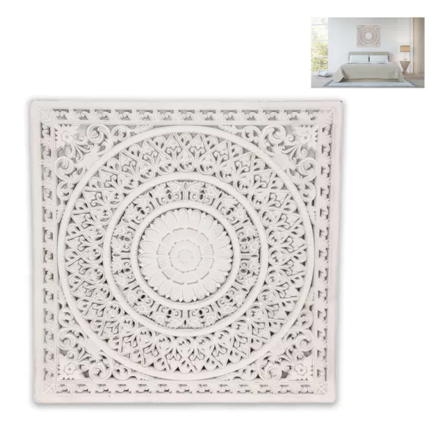 Mandala Wooden Wall Art 79cm Bed Head, Carved Lattice Filigree, White Bohemian