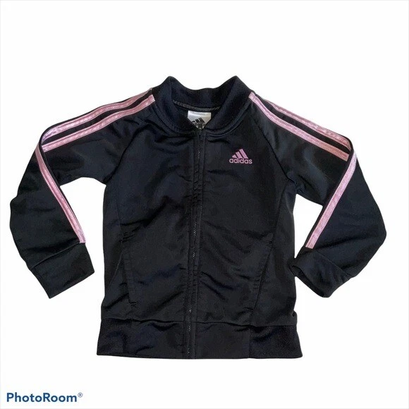 Adidas 3T Jacket Black Pink Trim Full Zip Long Sleeves Baby Girl Toddler Track