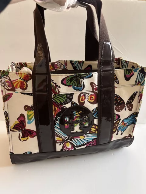 Tory Burch Ella Tote Bag Butterfly Printed Canvas/Patent Leather  Large