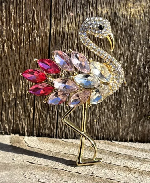 PINK Flamingo Bird Crystal Glass Rhinestones Brooch Pin Multicolor Vintage USA