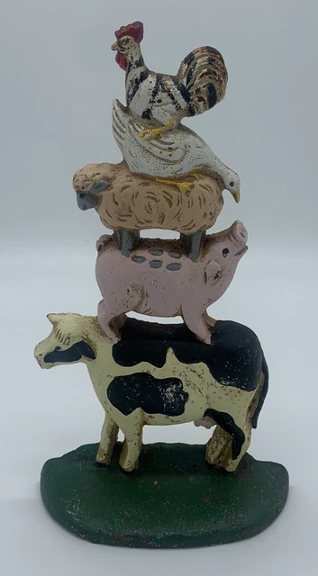 Vintage Cast Iron Door Stop Farm Animals Stacked Cow Pig Lamb Duck Rooster