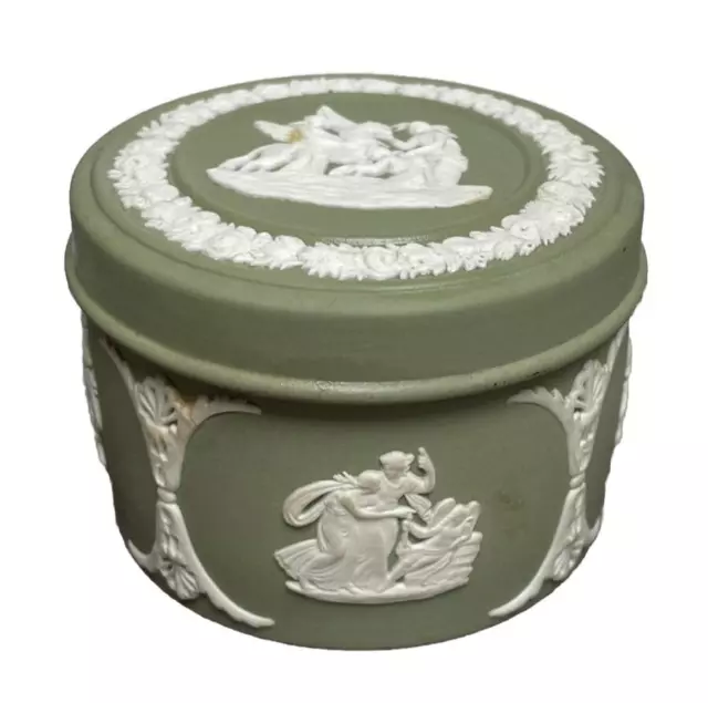 Caja Redonda Wedgewood De Biscuit Jasperware Verde Decoración Blanco A L Antiguo