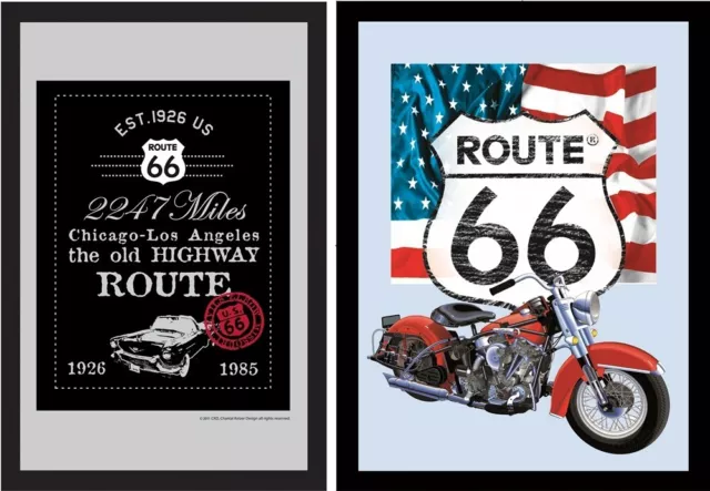 Set: 2 Spiegelbilder Route 66 Motorrad USA Flagge Bild 20x30 cm Hinterglasdruck