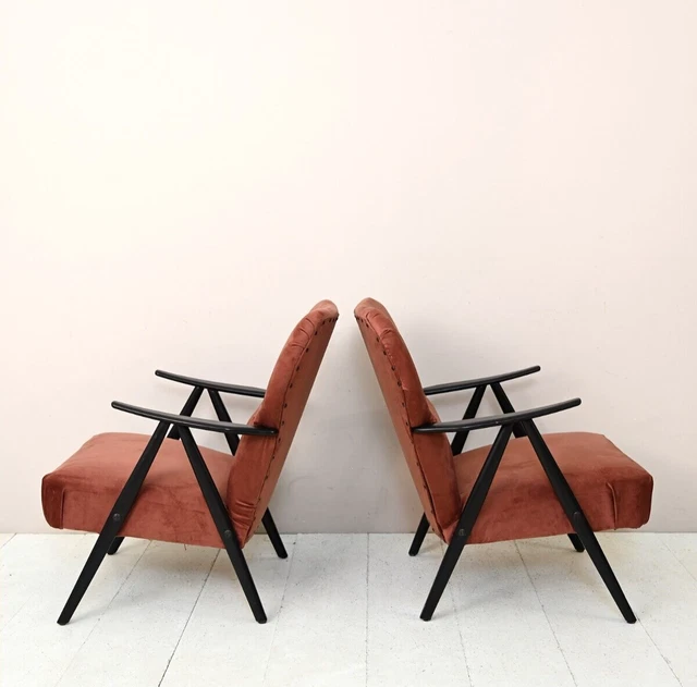 MidCentury Coppia di poltrone con struttura nera, design scandinavo vintage, 60s