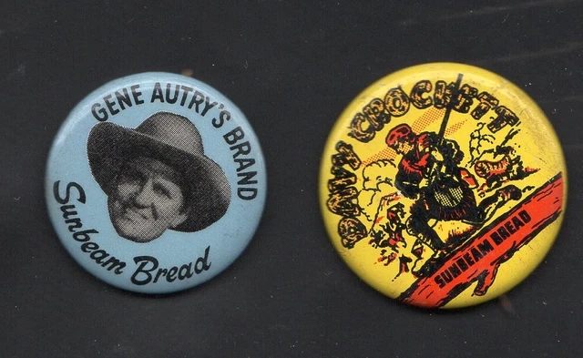 2  Vintage 50s Davy Crockett & GENE AUTRY  Sunbeam Bread  Pin Button PinbackS
