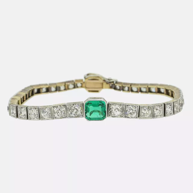 Art Deco Emerald and Diamond Bracelet - 18ct Yellow Gold & Platinum