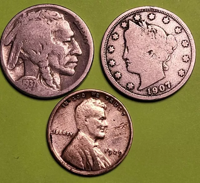 💰 Liberty V Nickel, Buffalo Nickel & Copper Wheat Penny - 3 coins lot