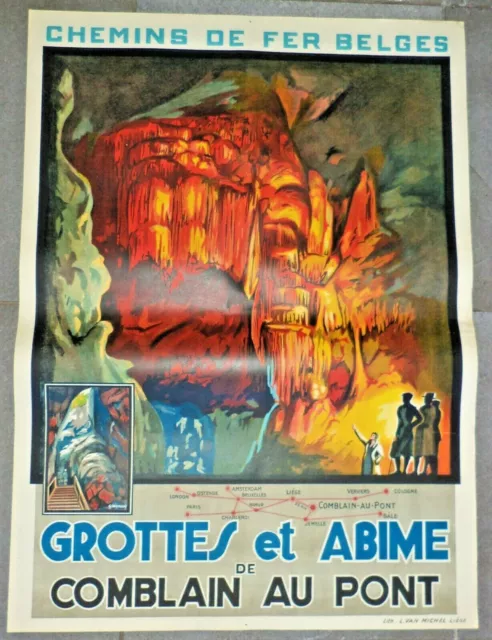 Superbe affiche tourisme Grottes et Abime de Comblain au Pont Belgique - 1925