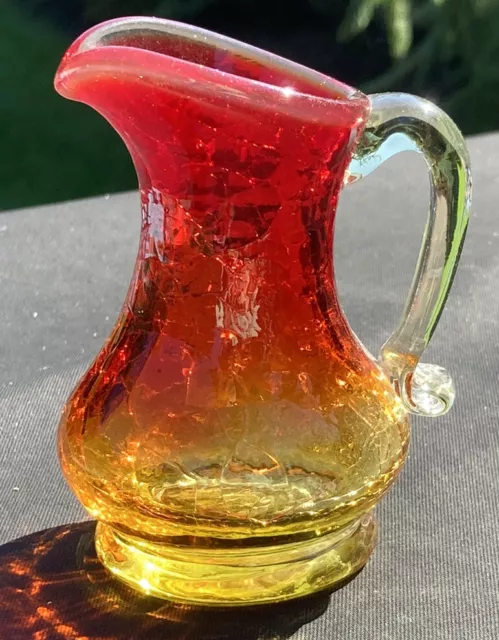 Vintage Amberina Crackle Art Glass Mini 3-14” Pitcher Hand Blown