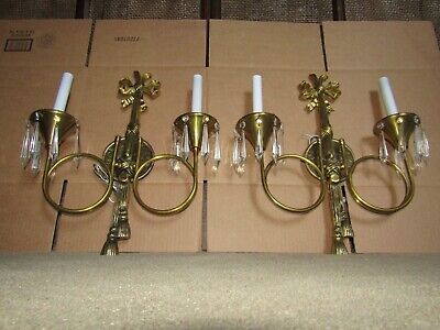 2 SOLID BRASS RIBBON & TASSEL SCONCES 24 new lrg icicle crystals 16HX13W