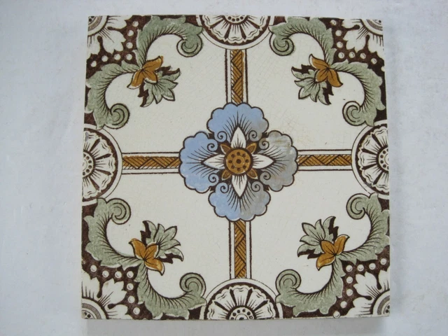 Antique Victorian Pilkington's 6" Print & Tint Aesthetic Floral Tile Patt. E587
