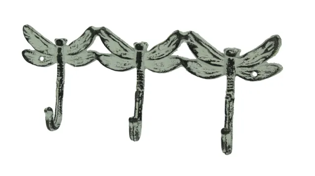 Vintage Grey Cast Iron Triple Dragonfly Wall Hook Rack
