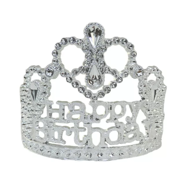 Happy Birthday Tiara Silver Jeweled Plastic Princess Queen Party Crown