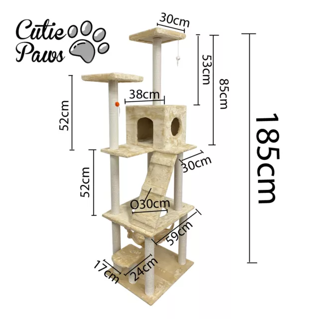 CUTIE PAWS 185CM CAT SCRATCH TREE Play Tower Play/Sleep/Scratching Soft Fabric