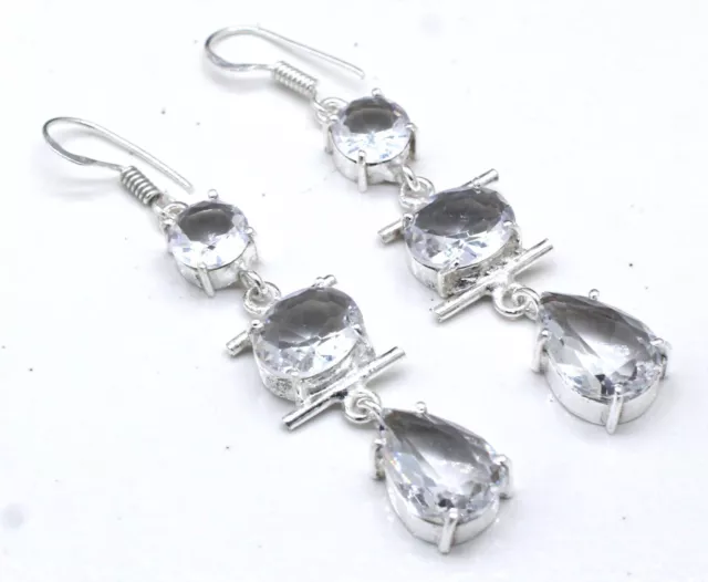925 STERLING SILVER White Topaz Gemstone Handmade Jewelry Earring Size ...