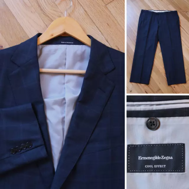 Ermenegildo Zegna Mens 58R Pants 42x 29  Charcoal Gray Windowpane 100% Wool Suit