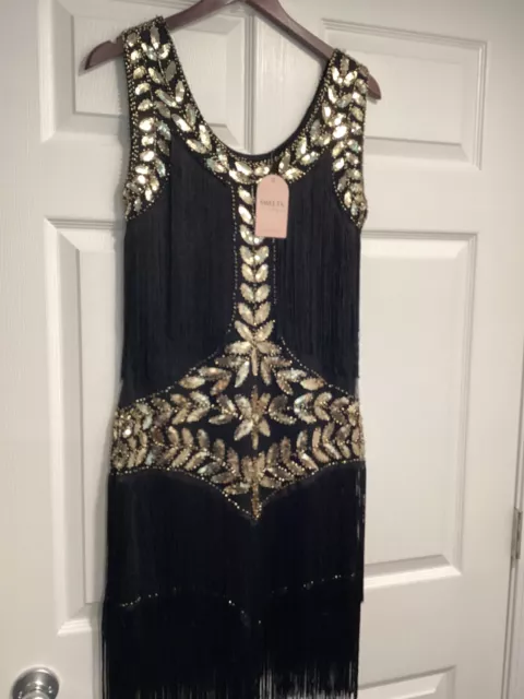 SWEETV Black And Gold Fringe Flapper 20’s Gatsby Party Dress Sz M NWT