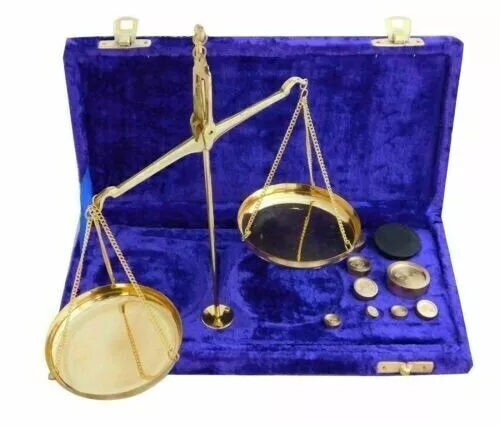 Antique Brass Scale Jewellery Balance Decor with Velvet Box & Complete Weight La