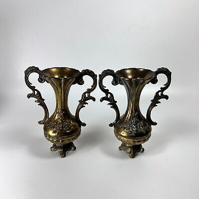 Footed Ornate Italian Brass Miniature Ewer Vase Made in Italy Lot of 2 VTG Gift