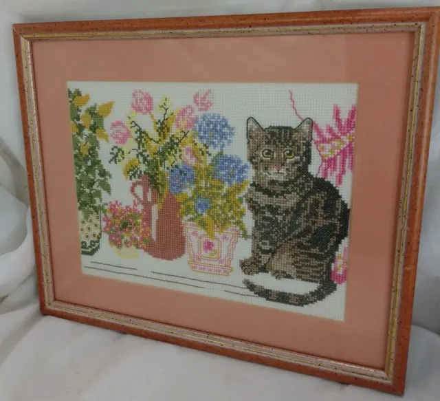 Tortoiseshell Tabby Cat picture Cross Stitch Hand Embroidered Framed